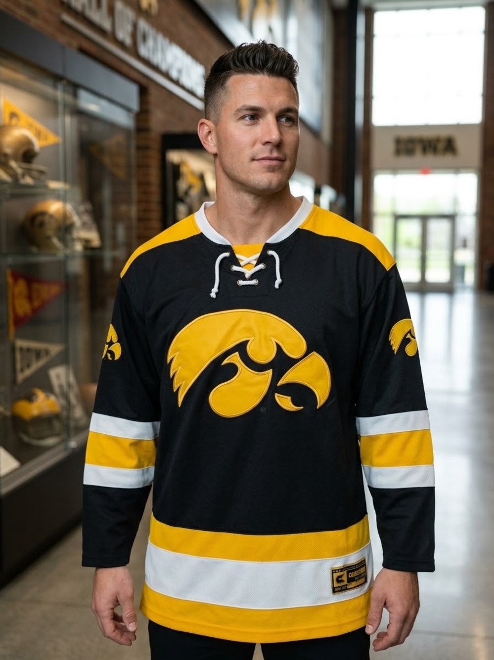 Colosseum Iowa Hawkeyes Hockey Jersey Mens XL Black Yellow Lace Up Sewn Logo